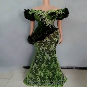 Hunter Green Lace Aso Ebi Evi Suknie wieczorowe Krótkie rękawy Puchnięte z syreny na ramionach Kobiety Afrykańskie sukienki balowe plus rozmiar aplikacji 268B