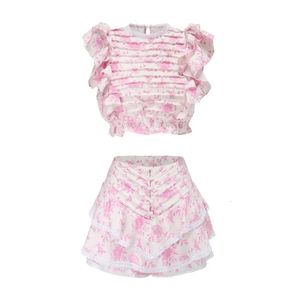 Summer Sunday Set elastic waistband Cropped top with ruffle detail and cute ruffle mini shorts skirts 240513