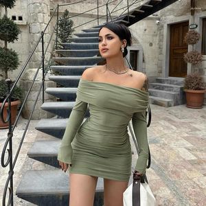 Casual Dresses Lygens Off the Shoulder Solid Slim Ruched Mini Women's Elegant Evening Party Y2K Streetwear Korean Clothes