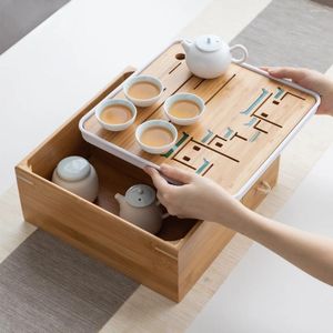 Tea-Tablettlagerbox Design Natural Bambusschale mit Schublade für Teetasse Teekannen umweltfreundlich