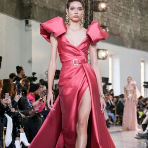 A Line Evening Dresses Satin V Neck Short Sleeve Side Split Prom Dress Formal Red Carpet Gowns Robes de Mariee 287i