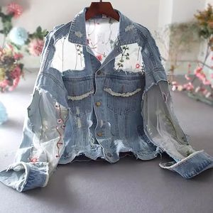 Chaquetas Mujer Summer Spring Streetwear Bordado de renda de renda de retalhos de jeans sexy jeans femininos de jeans de jeans desgastados femme 240513