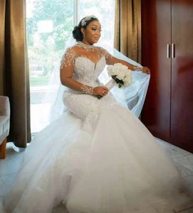 Мода русалка свадебные платья 2024 Высокие кружевные аппликации с длинными рукавами