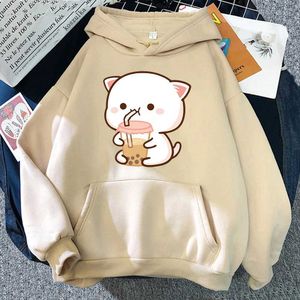 Men's Hoodies Sweatshirts Womens Hoodies Peach And Rubber Harajuku Kawaii Sweatshirt Cat Drink Milk Tea Autumn Winter Plus Size Pullover Unisex Clothes T240510