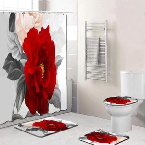 Duş Perdeleri 4 PCS/SET Büyük Kırmızı Çiçek Zarif Çiçekler Desen Paspas Seti Slip Halı Olmayan Halı Banyo Tuvalet Banyosu