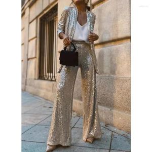 Jaquetas femininas jaqueta lanterna flare calça terno feminino 2024 Fashion Street Manga de manga comprida calças de perna larga 2pcs Conjunto de senhores prateados