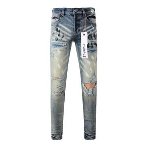 Purple Jeans High Street Style Fashion Designer Men's Old Washed Jeans Kne Hole Pants Paint Ink Graffiti Elastic Slim Thin Pants