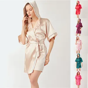 Home Clothing Satin Hooded Short Nightgowns Women Bathrobe Open Front Cardigan Half Sleeve Bridesmaid Wedding Party Pajamas Solid Sleepwear