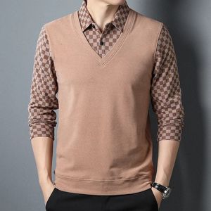 Menów Sprężyna i jesienna moda Flaid Fake dwuczęściowy zestaw Polo cienki spersonalizowana wszechstronna wygodna koszula ciepłe dolne 240429