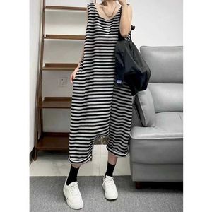 Women's Jumpsuits Rompers Striped Jumpsuits for Women Summer Slveless Oversized One Piece Outfits Women Loose Korean Style Casual High Waist Cross-Pants Y240510