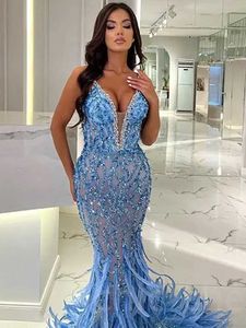 Landebahnkleider Neu in sexy Kristallen Meerjungfrau Prom Kleid Feather PEPAPE Lace Evening Formal Party Geburtstag Verlobungskleider Kleider