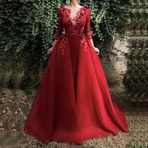 New Burgundy Long Evening Gown Long Sleeve Sequin Flowers Dubai Kaftan Saudi Arabic Elegant Formal Dress Muslim Evening Dresses 2896