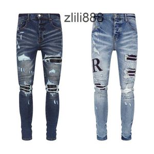 Designer Stack European zerrissene Jean Männer Stickerei Quilt-Falz-Design Motorrad fahren kühle schlanke Hose lila für Frauen Herren Jeans Größe 30-40