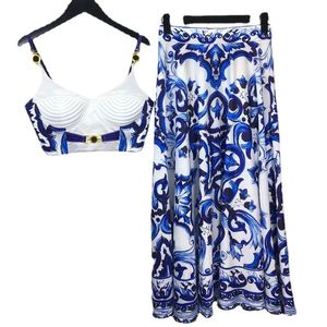 Banulin Bohemain Blue And White Porcelain 2 Pieces Set Women Spaghetti Strap Gold Button Tank Camis Tops Print Long Skirt Suit 240424