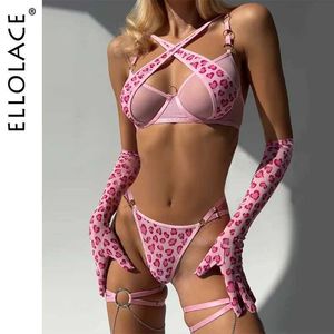 Sexig uppsättning ellolace leopard underkläder cross bh push up intime se genom spets heta tjej underkläder romantiska kärleksfulla hjärthandskar strumpa q240511