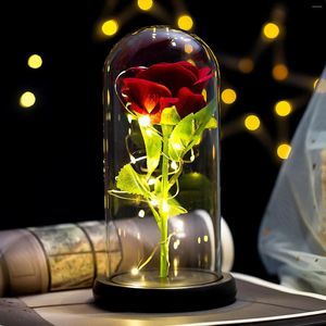 Dekorativa blommor ledde Enchanted Galaxy Rose Eternal Gold Foil Artificial Flower with Fairy String Lights in Dome for Christmas Valentine