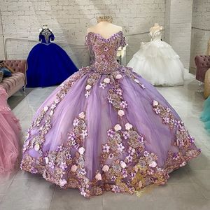 Роскошь от плеча 3D цветочные платья Quinceanera Ball Plow