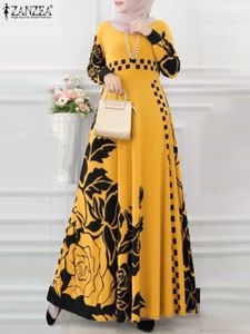 ザンゼアの女性スプリングマキシドレスカジュアルビンテージ長袖花柄の印刷サンドレスイスラム布イスラム教徒アバヤヒジャーブベスティド240508