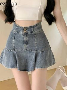 Röcke Ezgaga Denim Mini Frauen hohe Taille sexy Rüschen Schlanker Sommer Mode elegant süßer Rock weibliche lässige Culottes