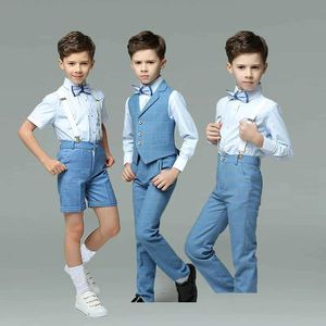 Костюмы детей летний фотосъемник детские брюки для рубашки Bowtie 4pcs Школьная униформа для подростков для мальчиков выпускной костюм