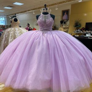 2023 Princess Lilac Tulle Abito da ballo Quinceanera Abiti in rilievo Crystal Bling Tulle Vestidos de Prom Sweet 15 16 Dress Girls Long 235n