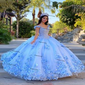 Blush Sky Blue Quinceanera Dresses 2021 Off Axel -paljetter Pärlor Flowers Princess Party Sweet 16 Ball Gown Vestidos de 15 A OS 3306