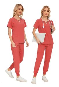Stretch Women Slim Fit Scrubs Set Uniforms Läkare toppar joggar klänningar sjuksköterska tillbehör salong spa arbetskläder set 240420