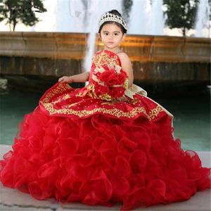 Underbara röda flickor Pageant Dresses Ruffles Appliced ​​Flower Girl Dress for Weddings Children Princess Birthday Ball Ball Gowns 270Z