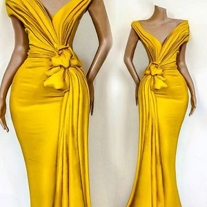 Yellow 2020 African Evening Dresses Pleats Knoted Mermaid Prom Gowns V Neck Short Sleeve Ruffles Formal Party Celebrity Gowns 252U