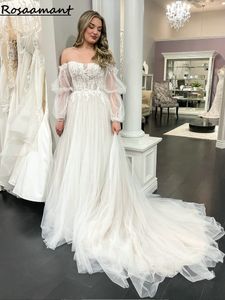 Simple Long Sleeve Appliques Lace Bohemian Wedding Dresses A-Line Off The Shoulder Illusion Country Bridal Gowns