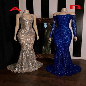 Sparkly paljetter Applique Mermaid aftonklänningar Royal Blue Silver Long Sleeve Sexig African Black Girl Prom Party Dress Gown 235h