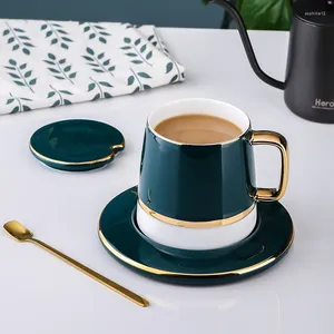Mugs Ceramic Mug With Lid Milk Coffee Cups European Porcelain Creative Simple Espresso Couple Tea Cup And Saucer Set Gold Spoon