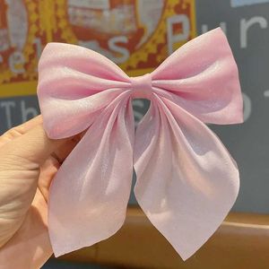 Hårtillbehör Girls Pink Big Hair Bow Hair Clip Satin Double Layer Bow Female Bow Hair Clip D240513