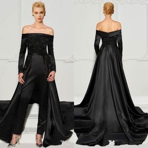 2022 Black Lace Jumpsuits Evening Dresses With Detachable Train Off The Shoulder Beaded Formal Gowns Long Sleeves Sequined Prom Dress B 321o
