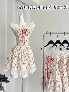 Duas peças Vestido de verão à noite vintage Old Money Mini Ballet Núcleo Floral Mulheres Frocks Gyaru Coquette Party One Parbet Aesthetic Prom Dald Q240511