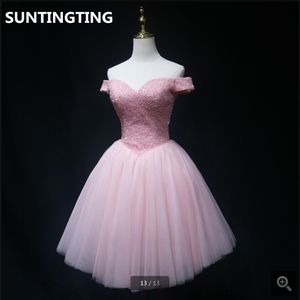 2020 prawdziwa zdjęcie różowa krótka sukienka balowa Perły z ramion sexy v szyja suknie balowe drobne kolano sukienki koktajlowe 292N