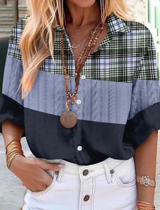 Kadın Bluzları 2024 Gömlek Khaki Mor Vintage Ekose Baskı Düğmesi Uzun Kollu Soylu Gömlek Yakalı Fit Bahar Sonbahar Top 5xl