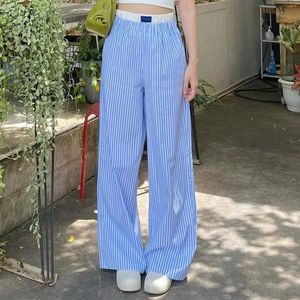Spodnie damskie mody paski do spodni elastyczne litera z wysokim talią znak szeroką nogę z kieszeniami streetwear