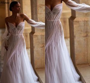Unique Designer Pleated Tulle Mermaid Wedding Dresses Sweetheart Long Sleeves Modern Women Bridal Gowns Sweep Train Trumpet Bride Reception Robes de Mariee CL3559