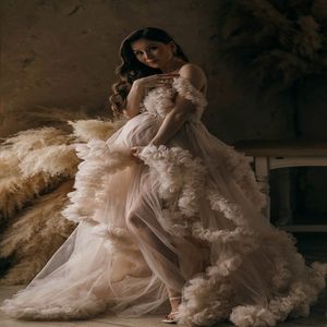 Langes elegantes Abendkleid 2021 V-Ausschnitt Champagner Tüll Mutterschaftskleider für Fotoshooting Robe Schwangere Frauen Fomral-Kleider 276d