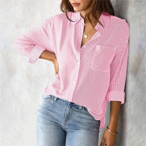 Blush Bloups Blouse Stripe Camisa Pocket Bolso Top 2024 Verão Summer Casual Casual Ladies Manga longa Camisetas femininas Camisa feminina