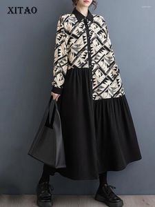 Casual Dresses Xitao Asymmetrical Patchwork Print Shirt Dress Slå ner krage Single Breasted Long Sleeve Spring A-Line Women HQQ2174