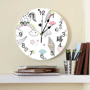 Wall Clocks Unicorn Ice Cream White Cloud Pentagram Rainbow Round Wall Clock Hanging Silent Clock Home Interior Bedroom Living Room Decor