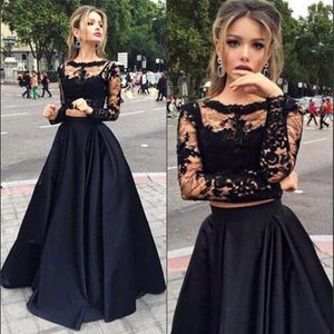 Plus Size Zwei Stücke Schwarze Abschlussballkleider Langarme A-Linie sexy Juwel Illusion Mieder Lange Spitzen Abendkleid Party formelle Kleider SD336 242c