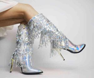 Buty rybetrini moda spiczaste palce frędzlowe cekinowe botki z cielęcia dla kobiet metalowy brokat seksowna elegancka sukienka długa buty T22140663