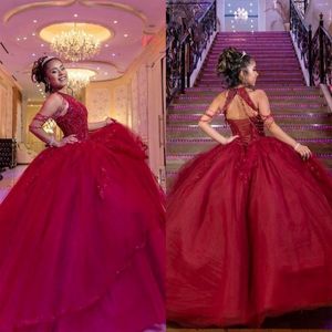 Setwell Honter Neck Ball Gown Quinceanera 드레스 소매 소매 섹시한 등이없는 스팽글 구슬로 된 바닥 길이 무도회 파티 가운 290t