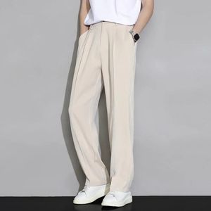 Mężczyzn Pants Ice Silk Casual Long Pants guziki talii Kieszenie muchowe Spodnie Proste szerokie nogi spodnie biznesowe 240513