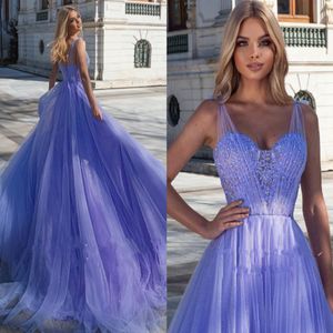 Lavendel glittrande tyll prom klänningar spaghetti remmar applicerade a-line kvällsfestklänningar öppnar rygg formella vestidos longo mantel de soi 3014