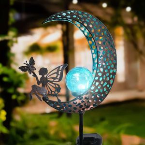 Garden Moon Solar Light Strip Fairy Outdoor Metal Crack Glass Globe Pile Garden Suitable for Small Paths, Lawns, and Courtyard Decoration