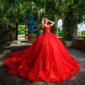 Red Quinceanera Dresses Off Shoulder Appliques Lace Beads puffy Ruffles cathedral train Crystal prom vestido 15